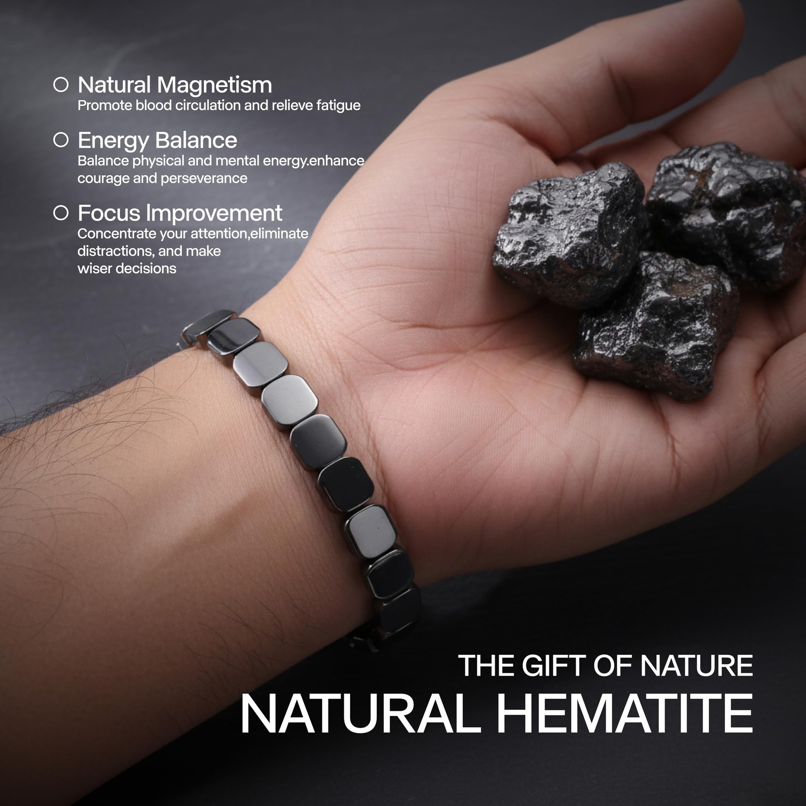 2Pcs Hematite Bracelet for Men Natural Black Energy Healing Reiki Bracelet Gift