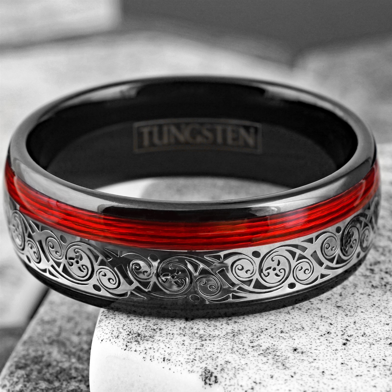Black Men’s Tungsten Carbide Clockwork Gears & Red Wire Wedding Band Ring