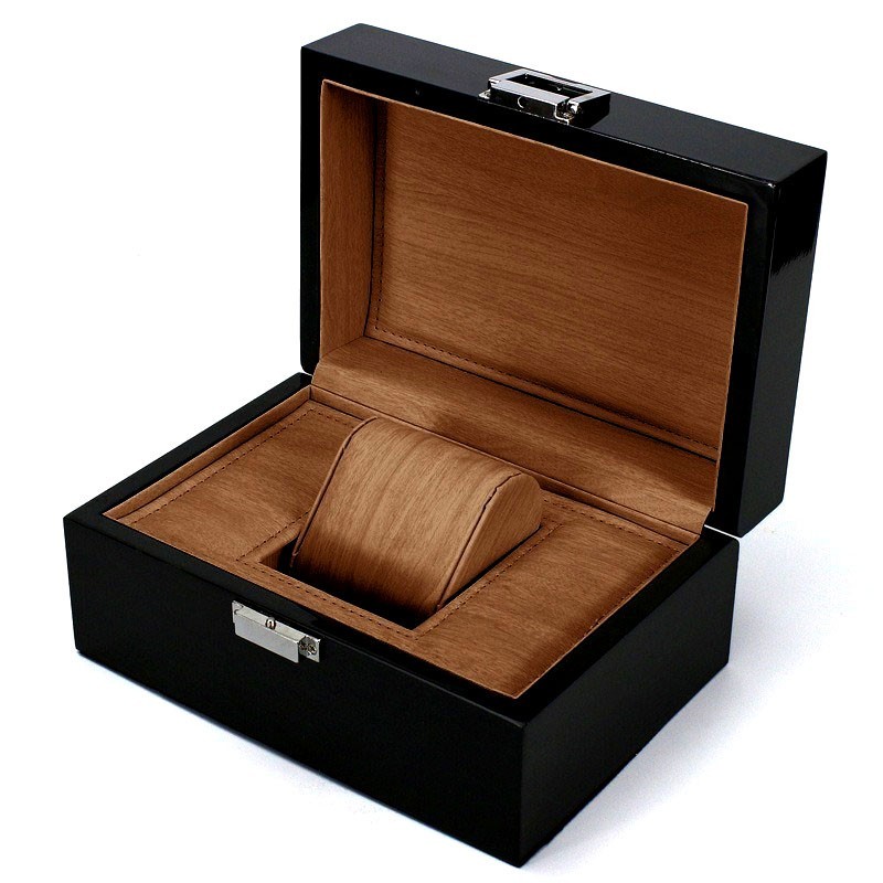 Wooden Watch Box with Lock Gloss Black Bamboo Single Watch Case 7.7″ x 5.3″ x 3