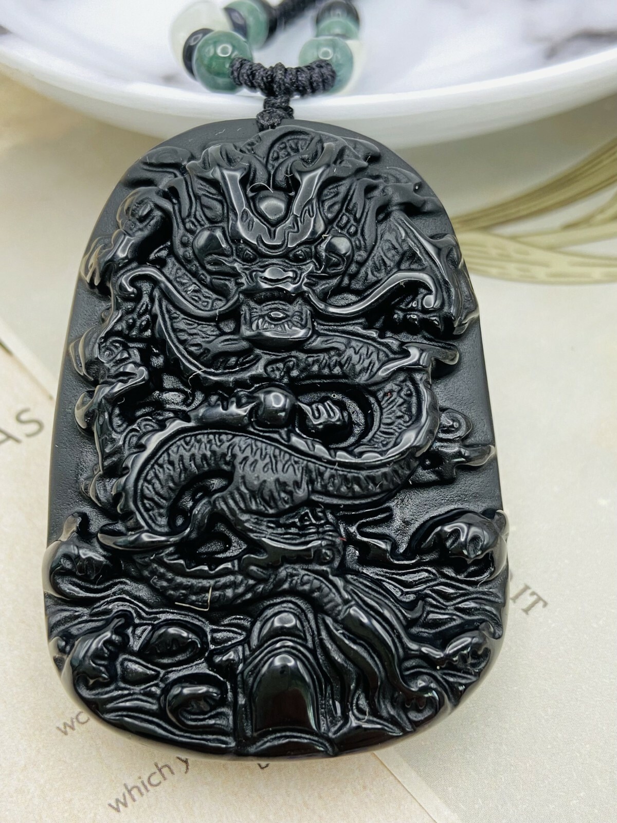 Jade Obsidian Dragon Charm Pendant Necklace Beads Cord Handmade Carved Gemstone