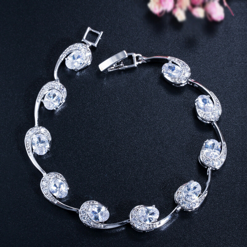 Silver Plated Multicolor Cubic Zircon Oval Charms Bracelet Fine Jewelry for Lady
