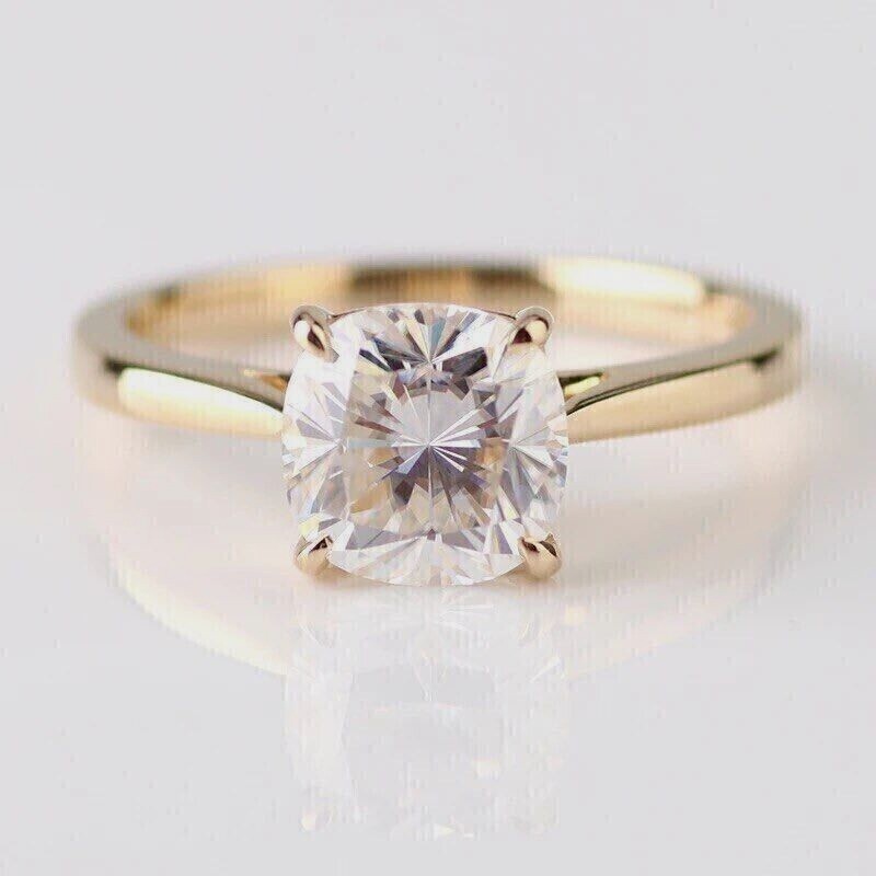 2Ct Cushion Simulated Diamond Solitaire Engagement Ring 14K Yellow Gold Plated