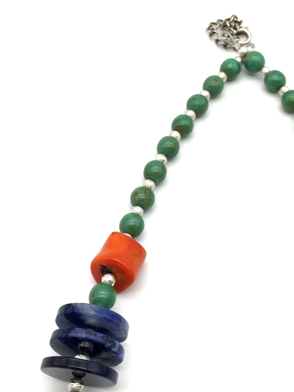 925 Lapis Discs Chalcedony Beads Coral Nuggets ST Etched Seed Beads 20″ Necklace