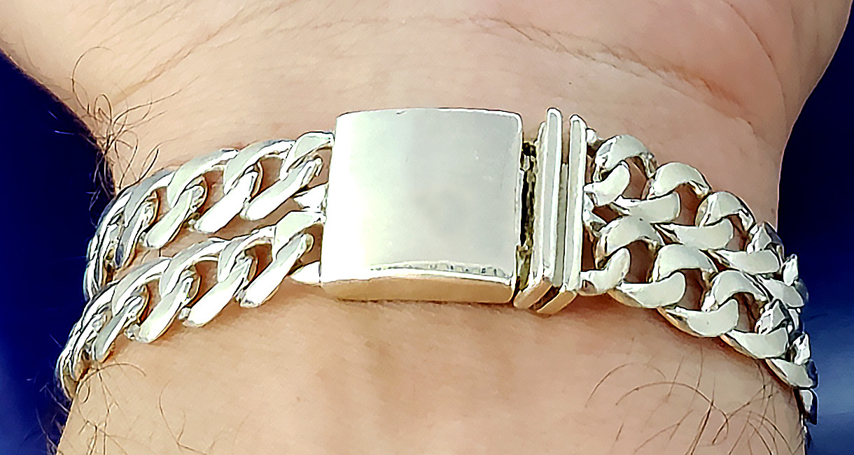 Heavy Solid Sterling Silver 2 Row Curb Link ID Bracelet Handmade in USA 39 Grams