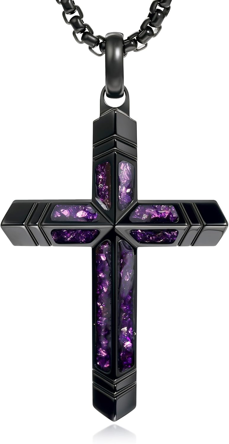 Amethyst Cross Necklace for Men with Adjustable Box Chain for Everyday Wear Chri
