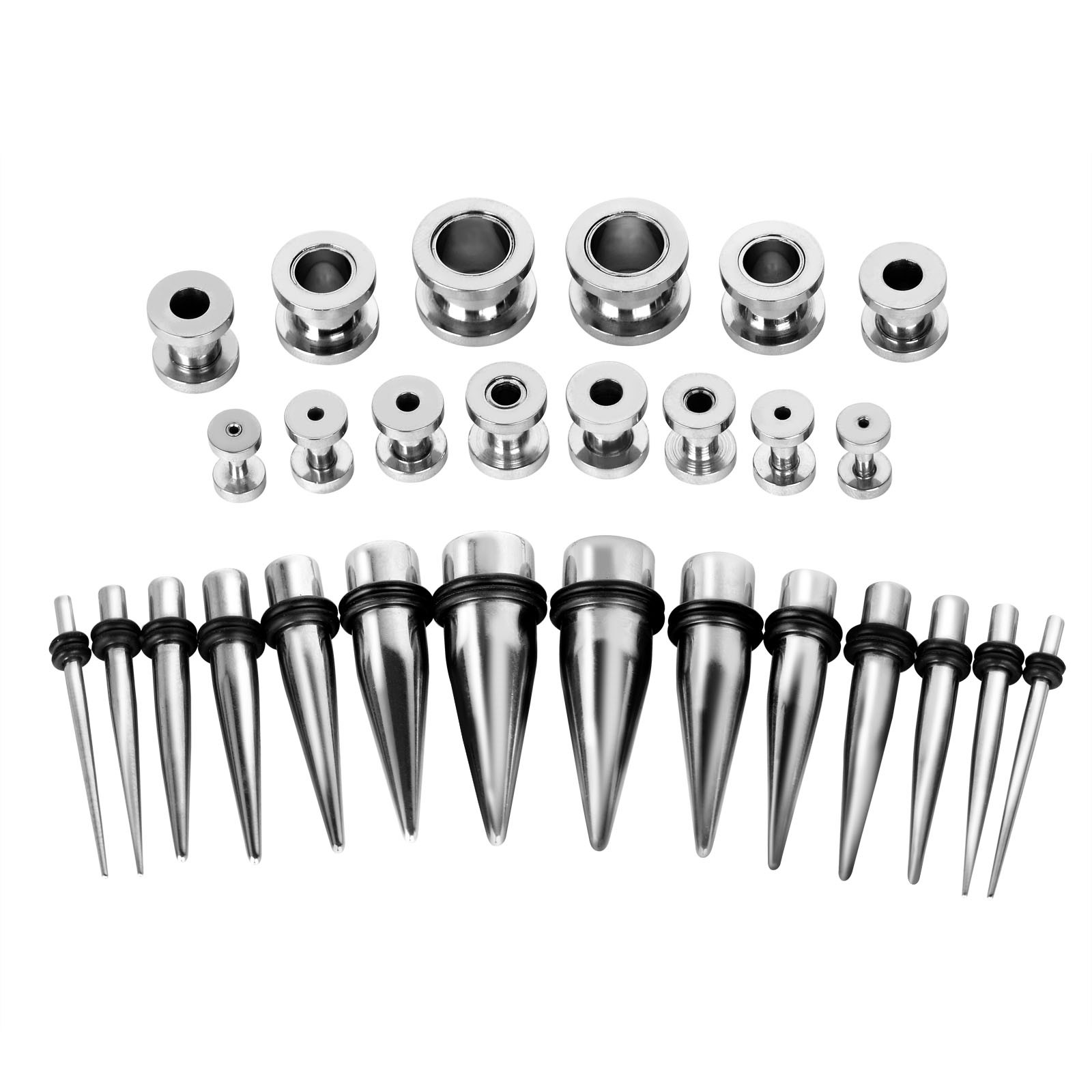 28PCS Ear Stretching Gauges Set Tapers Tunnels Plugs Kit 12G-00G Stainless Steel