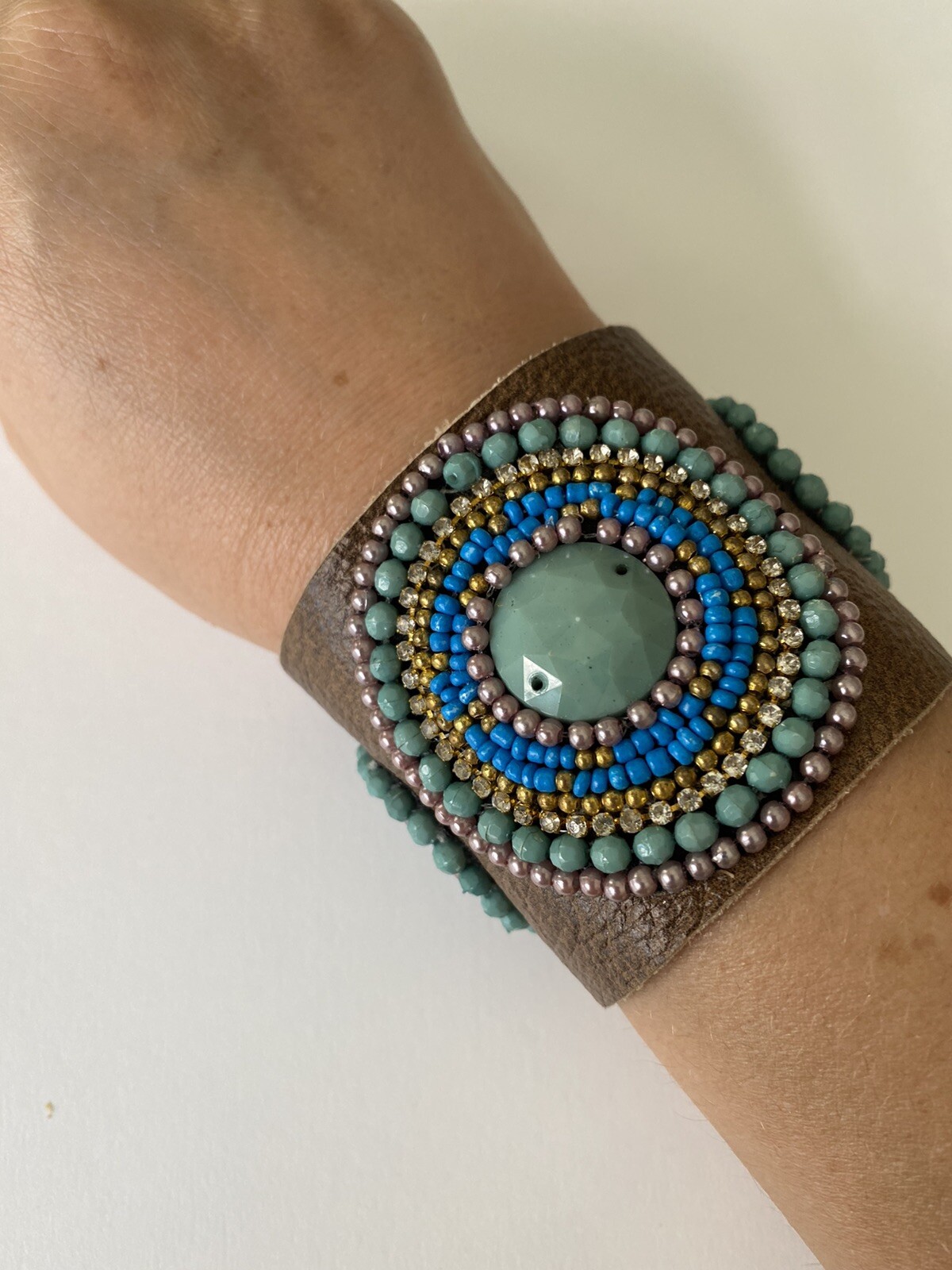 Handmade Faux Blue Green Gold Seed Stone Genuine Brown Leather Bracelet Sz S