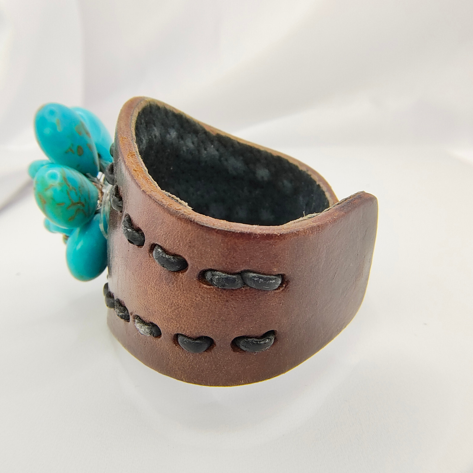 Leather Faux Turquoise Flower Cuff Bracelet Bohemian Ecclectic Statement