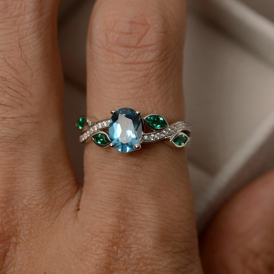 2CT Blue Topaz Gemstone 925 Silver Plated Floral Ring Duty Free
