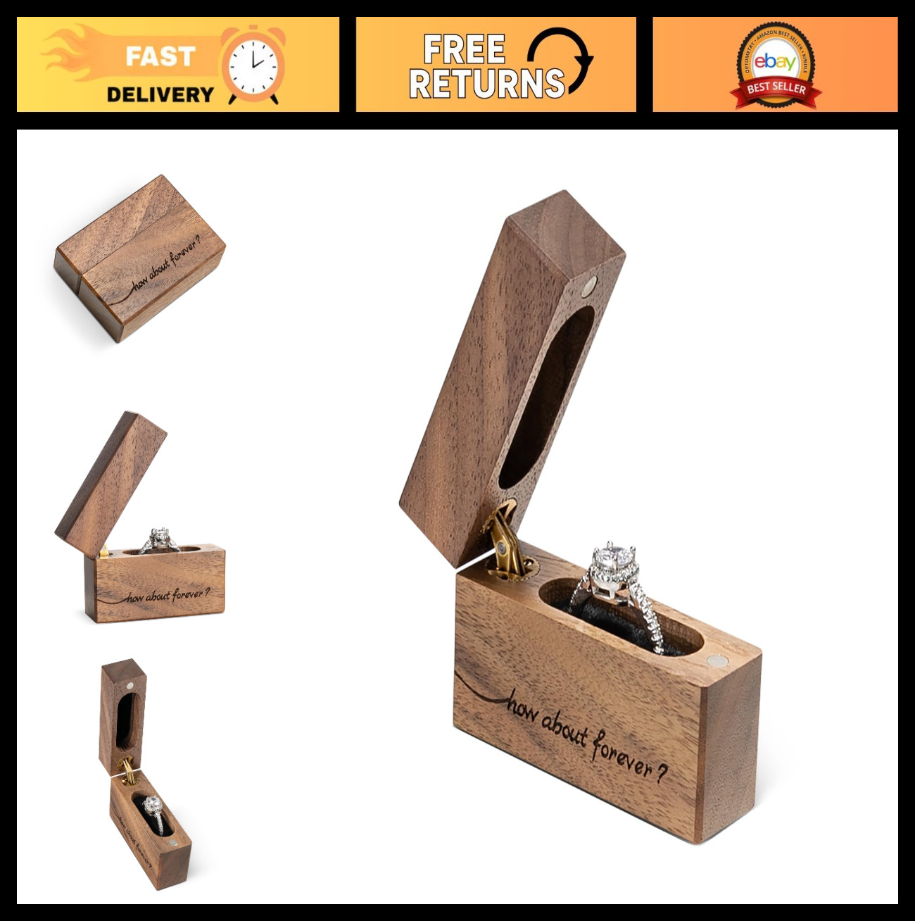 Engagement Ring Box – Slim Walnut Wood Case for Proposal & Wedding | Engraved ‘H