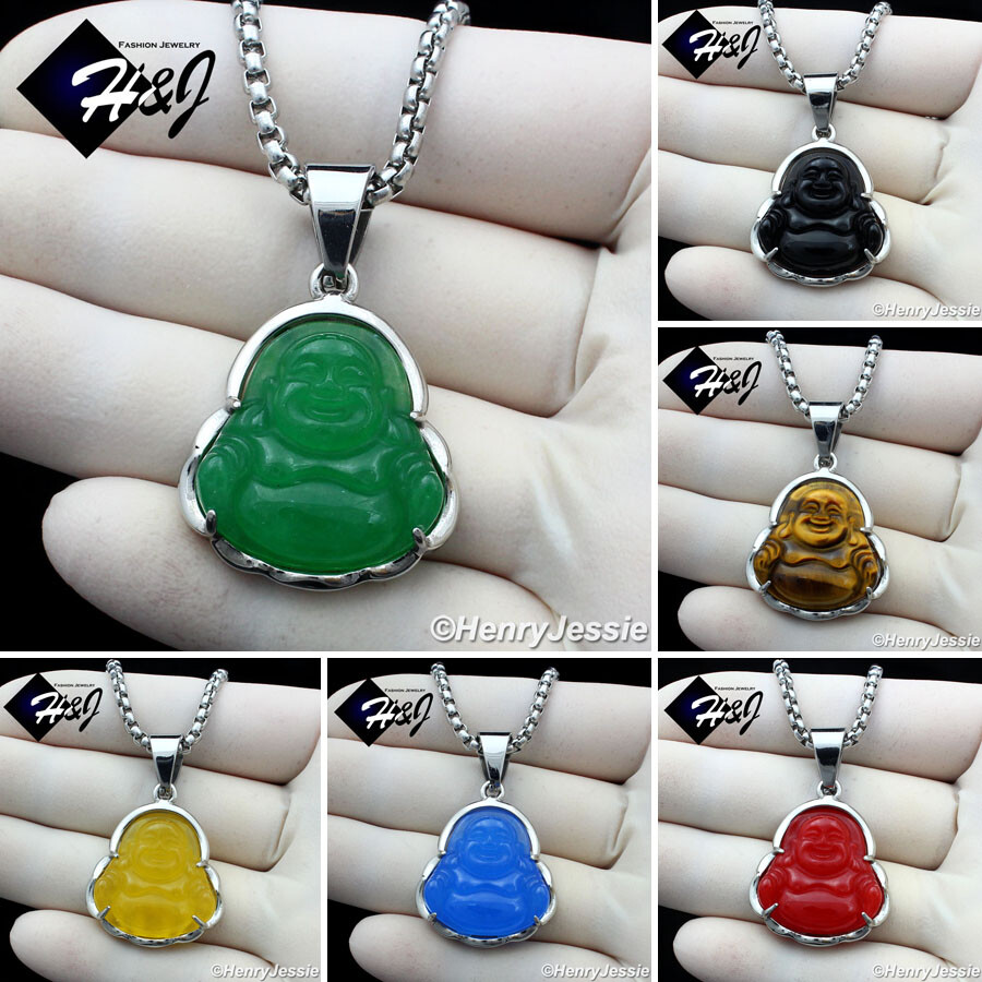 16″-36″MEN Stainless Steel 3mm Silver Box Chain Rhinestone BUDDHA Pendant*P123