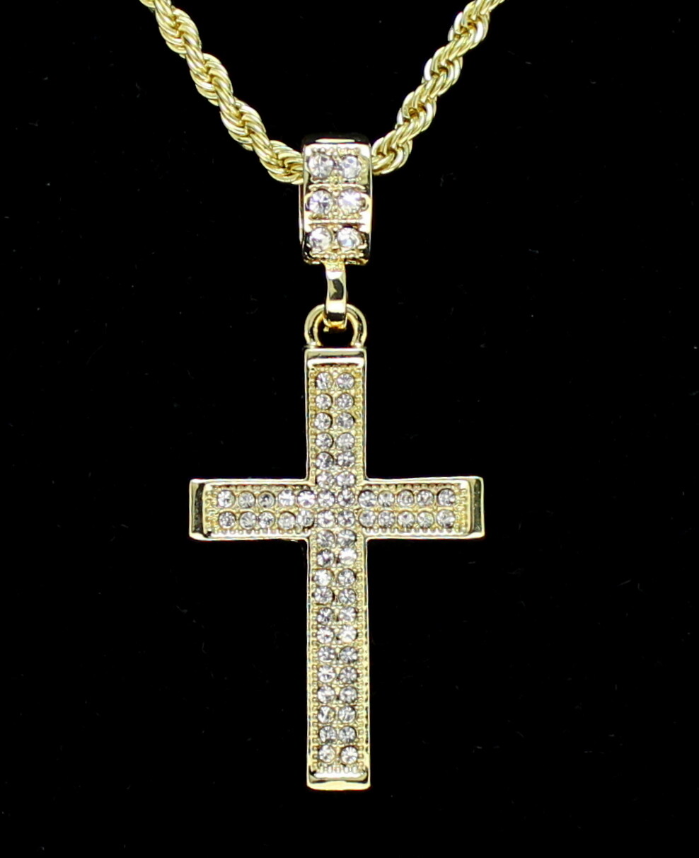 Iced Cross CZ Pendant Hip Hop Fashion 14k Gold Plated w/ 24″ Rope Chain Jewelry
