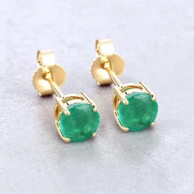2Ct Round Cut Natural Emerald Diamond 14K Yellow Gold Luxurious Earring Stud