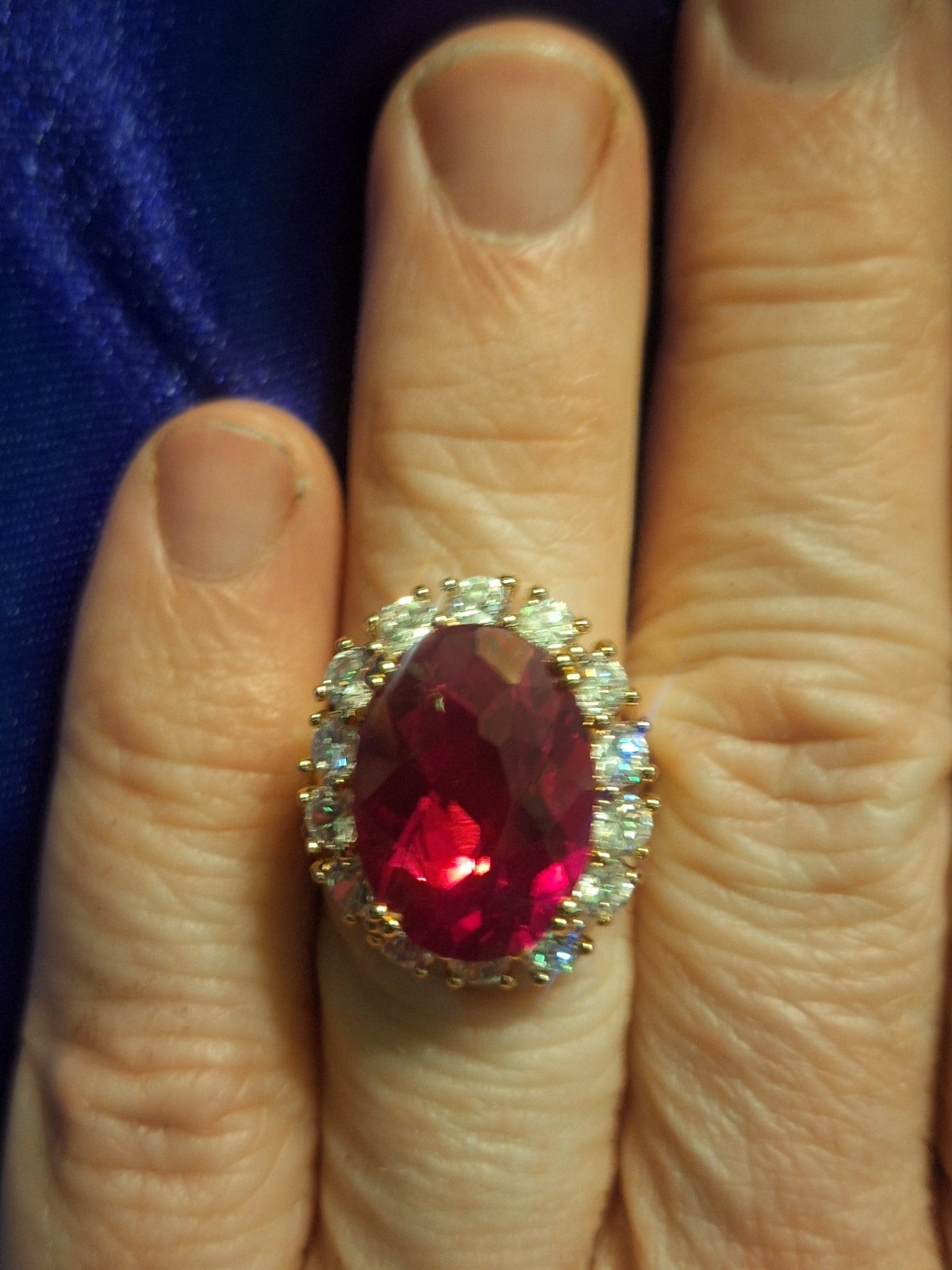 14K Solid Yellow Gold Over Silver Ruby Red Clear CZ Ring. Size 6.75