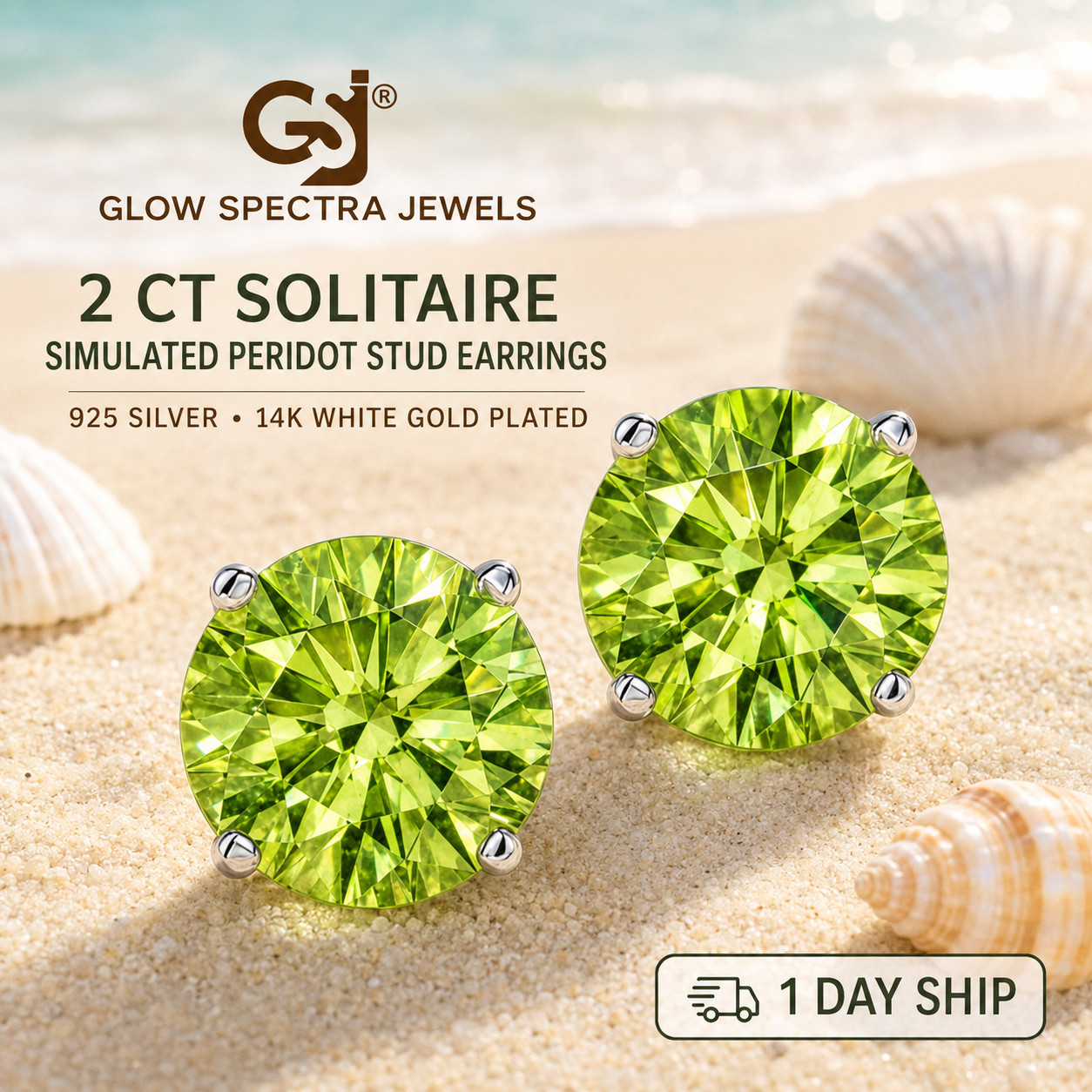 2.00CT Solitaire Green Peridot Stud Erring Screw Back 14k White Gold Plated