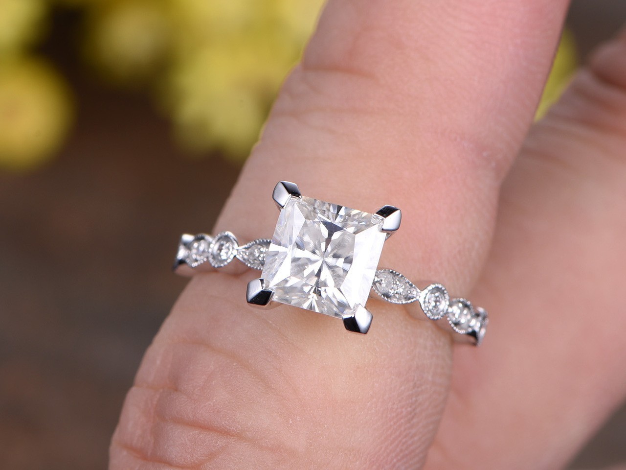 Princess Cut Lab Grown Diamond Wedding Ring 14K White Gold 2.12 Ct