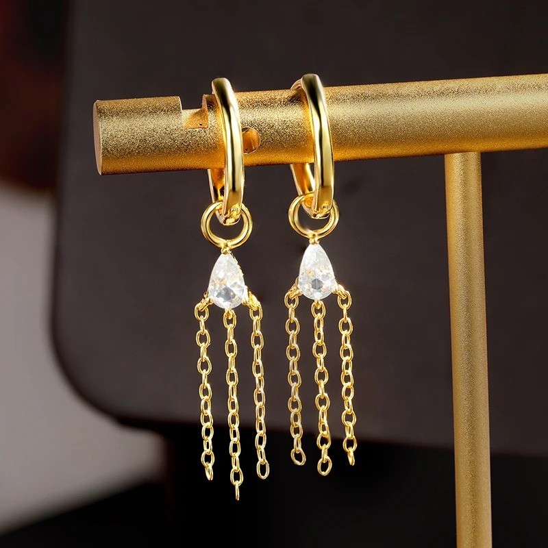 Pear Tear Drop Tassle 925 Sterling Silver Dangle Drop Hoop Earrings
