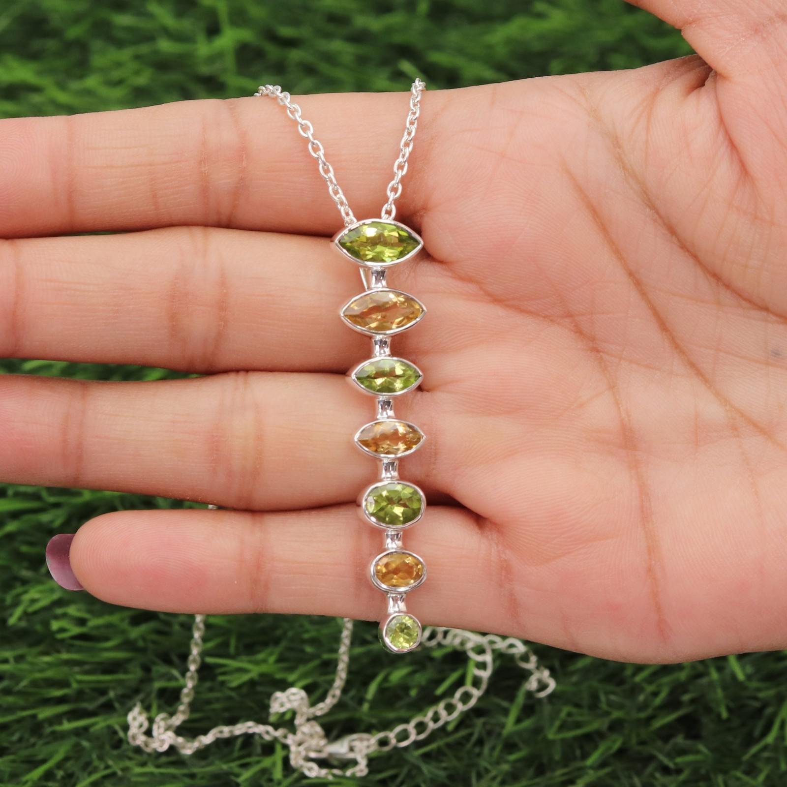 Peridot & Citrine Statement Pendant Necklace 925 Silver Gift for Her