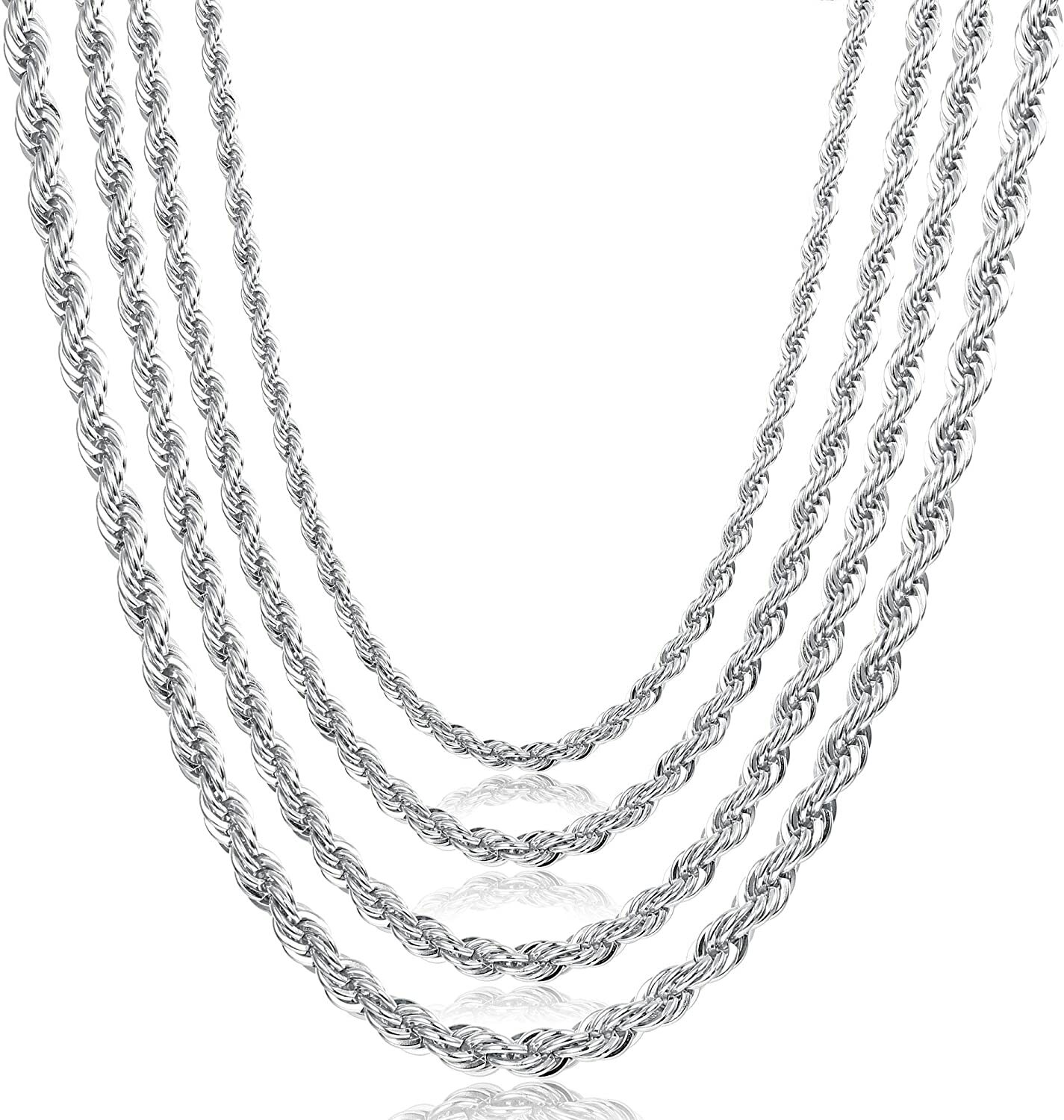 Stainless Steel Silver Rope Chain Bracelet Necklace Men Women 2mm, 3mm, 4mm, 5mm