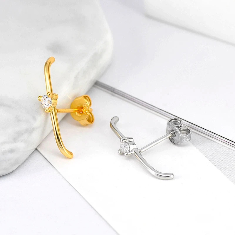 925 Sterling Silver CZ Bar Stud Earrings Tiny Curved Suspender Women Gift