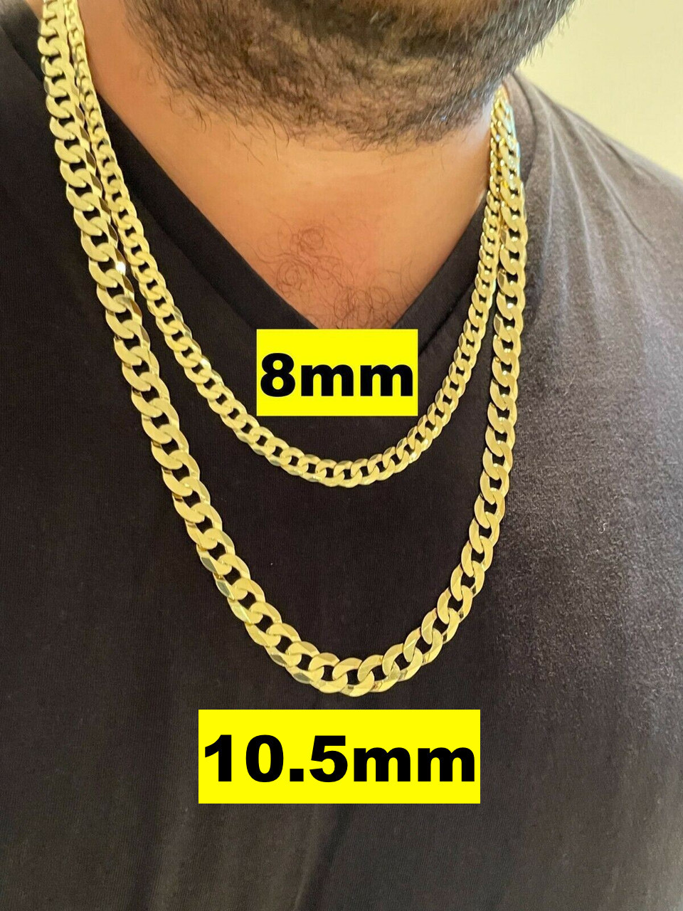 REAL Solid 925 Silver 14k Gold Plated Flat Cuban Link Chain Necklace 3mm – 11mm