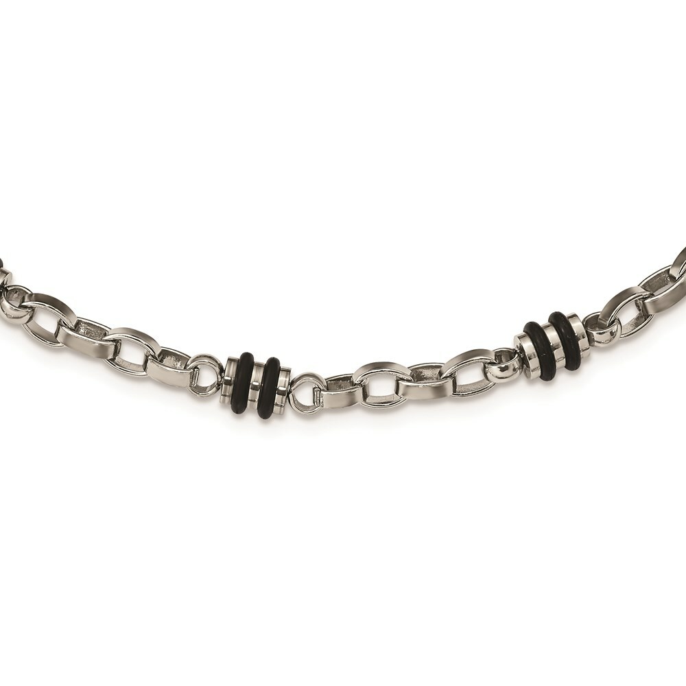 Stainless Steel Rubber Accent Barrel Link 22in Necklace