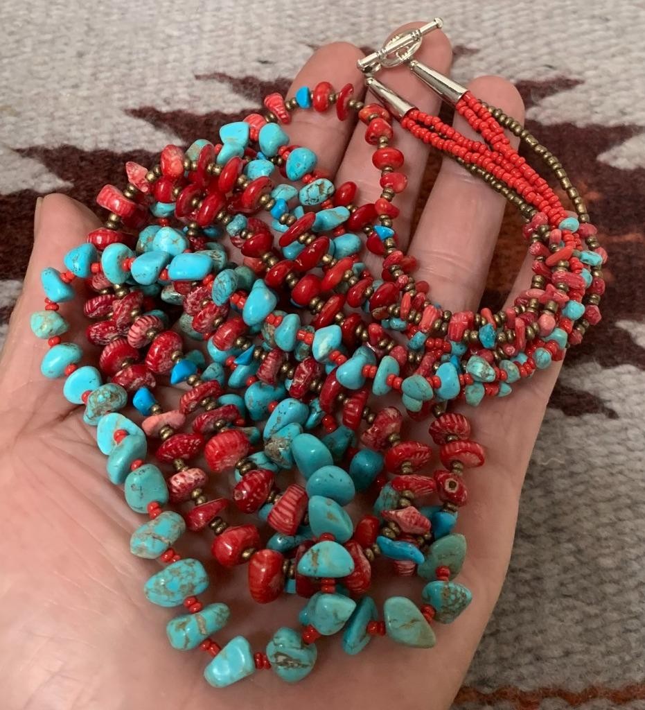 23″ Multi-strands turquoise/coral nugget necklace//gorgeous!!(y402c-w3)