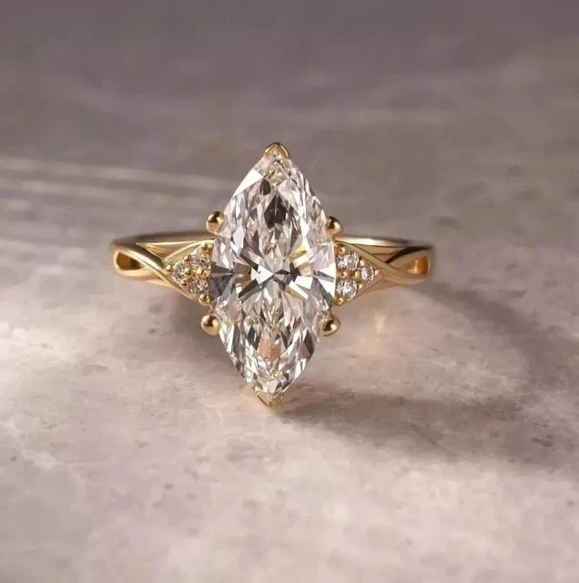 3.00CT Marquise Cut Moissanite Solitaire Engagement Ring 14k Yellow Gold Plated