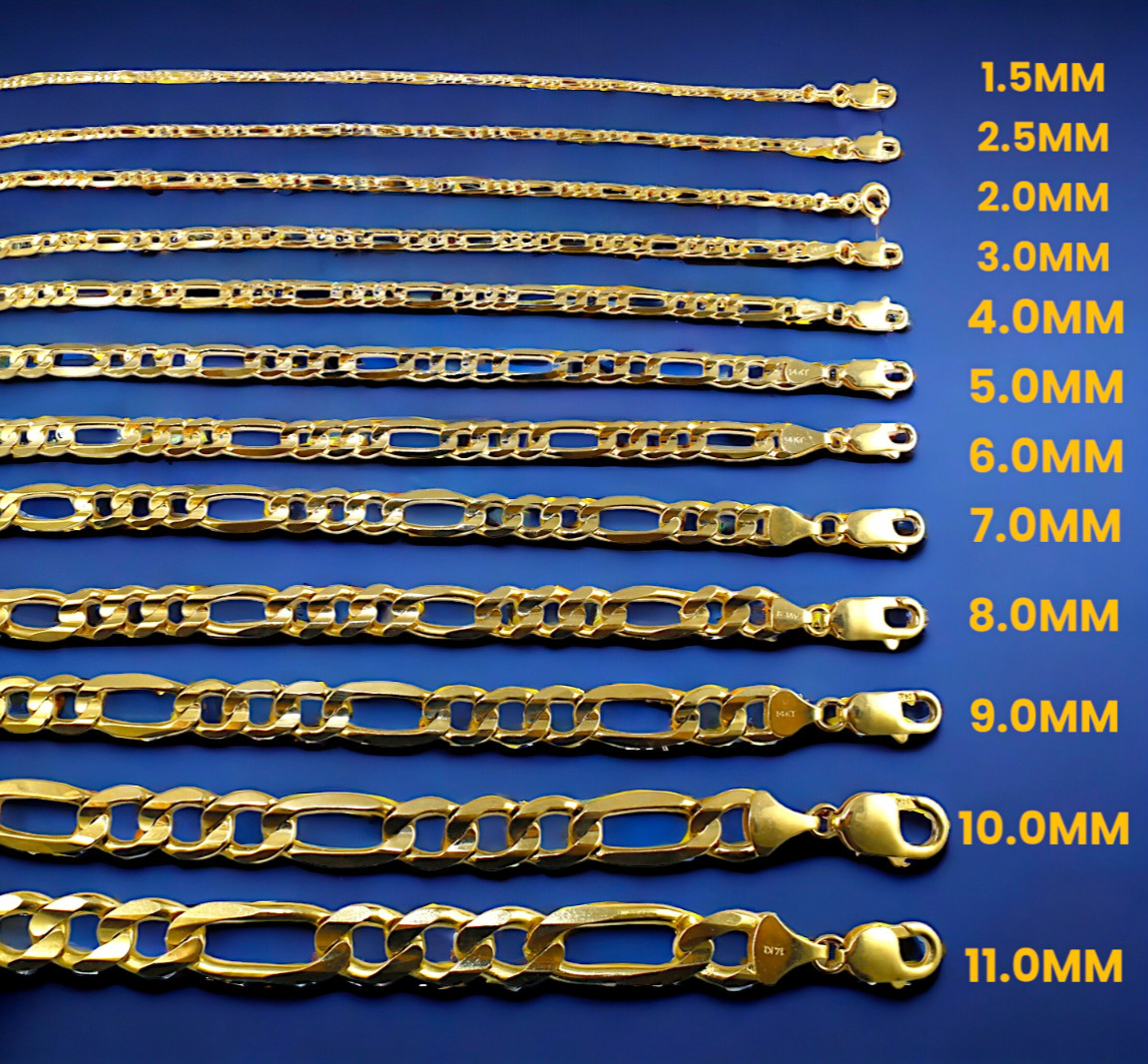 14K Yellow Gold SOLID Figaro Necklace Chain Link Real Gold 1.5mm-12mm 16″-30″