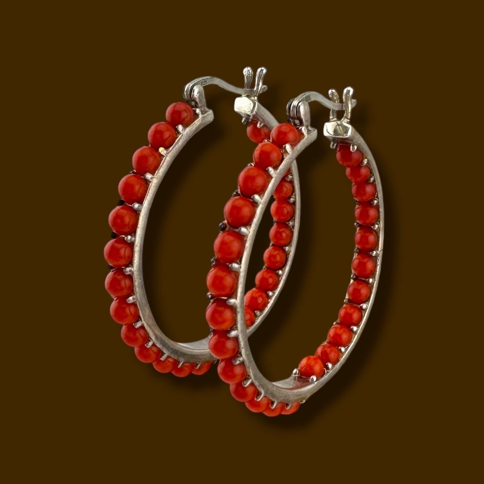 Vintage Sterling Silver Red Gemstone Inside Out Hoop Earrings 1.35″