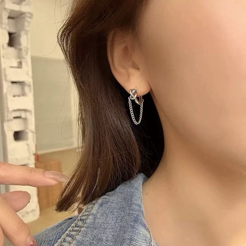925 Silver Knot Chain Huggie Hoop Earrings Dainty Chunky Chain Drop Hoop D36