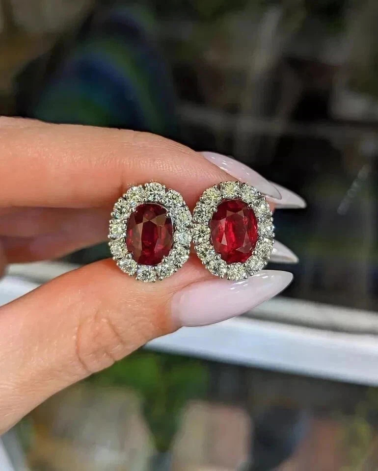 6.80 Ct Oval Cut Natural Red Ruby & Diamond Earring Stud Solid 14K White Gold