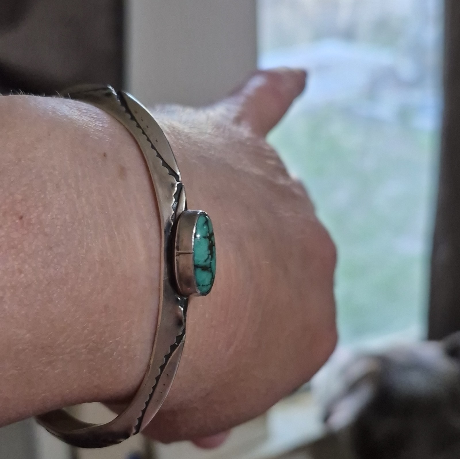 Silver Cuff Bracelet Oval Blue Turquoise Bezel Setting Unisex Adults