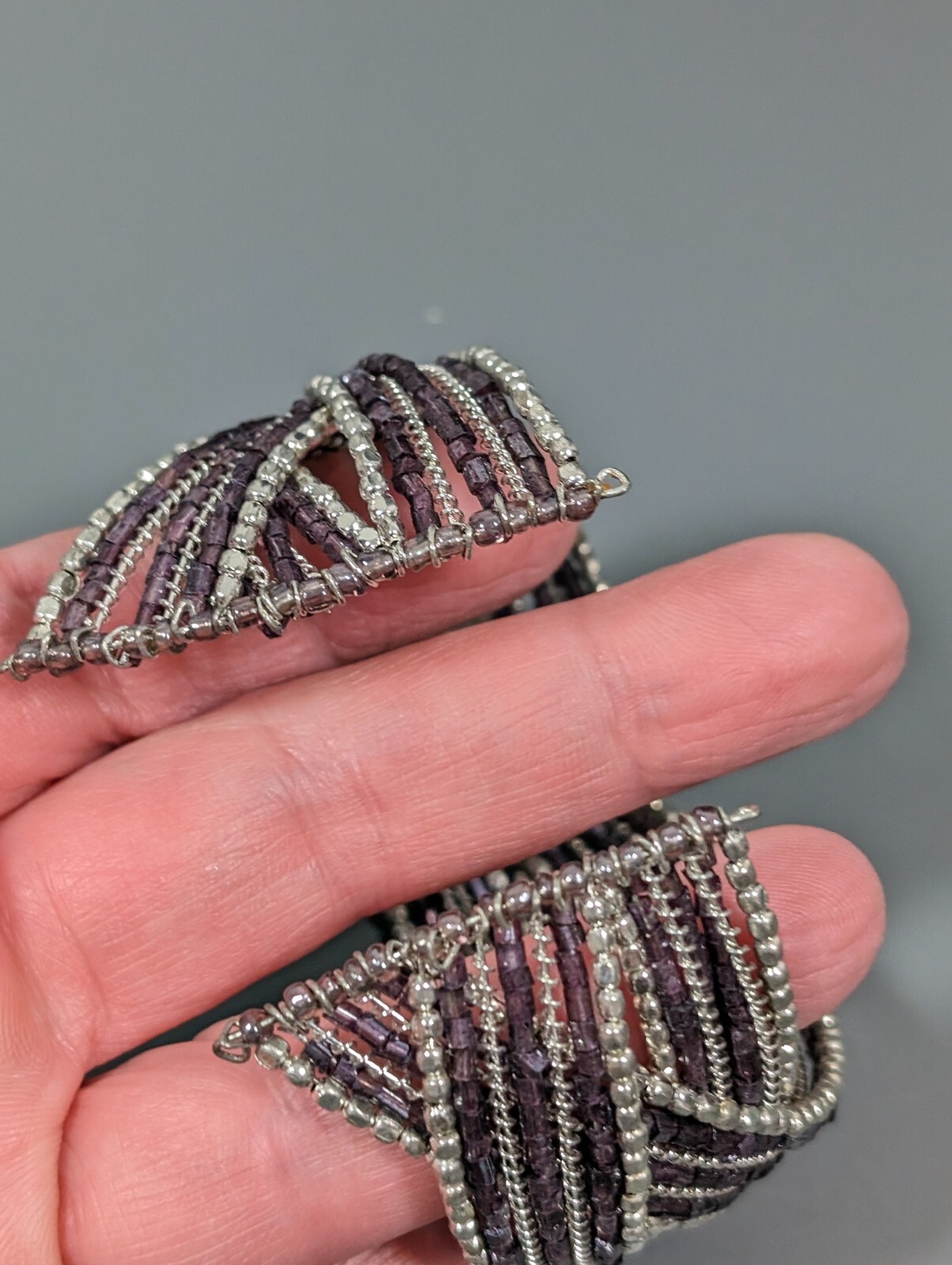 Beachy Coastal Purple Glass Bead Silver Tone Braided Open Cuff Bracelet 6.5 in