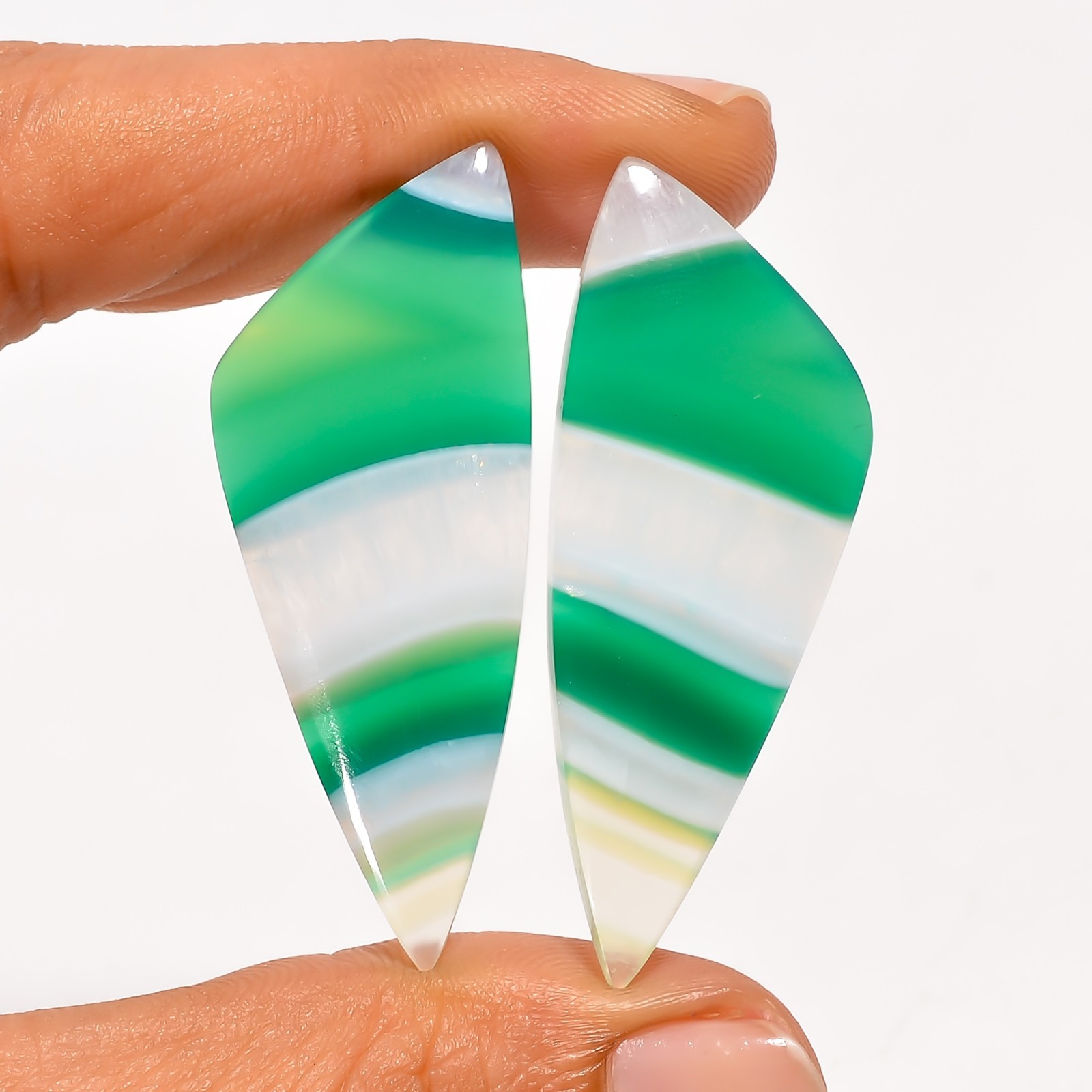 Green Banded Agate Gemstone Matching Pair 46x19mm Fancy Shape Earrings Stone