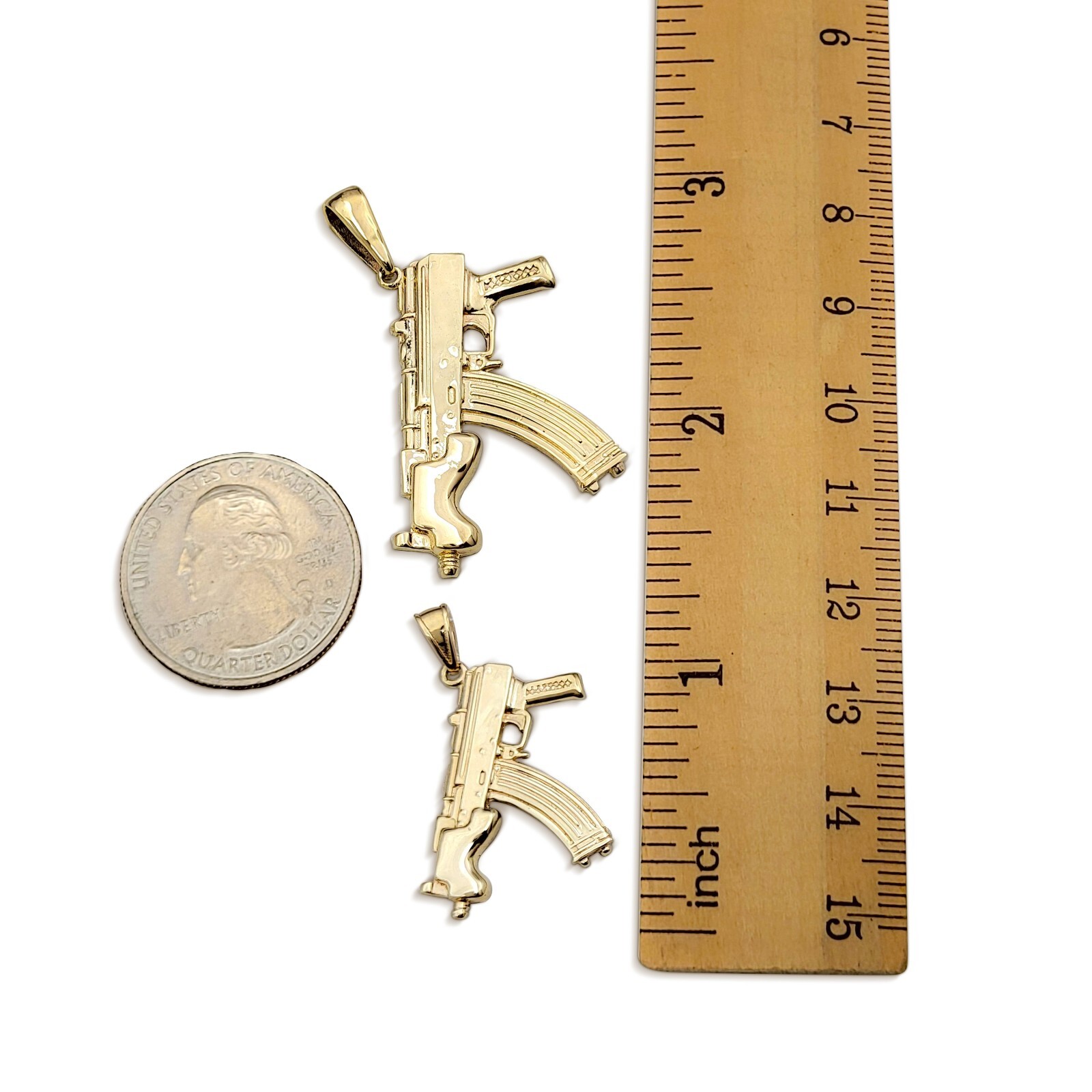 Solid 10K Yellow Gold Mini Draco Pistol, Real Gold Gun Pendant AK-47