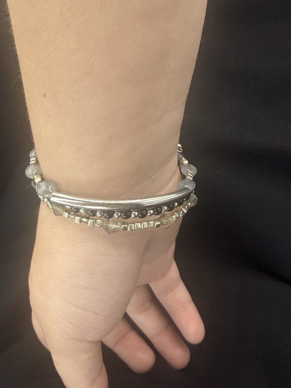 Silver Tone Stackable Wrap Bangle Bracelet, Gray Round Crystal Bead Strands