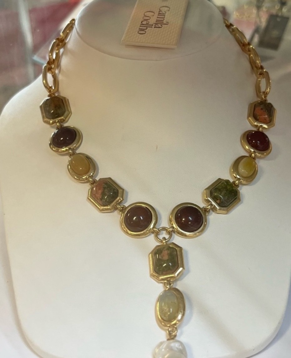 Camila Coelho multi-color Semi precious Stones w Freshwater Pearl charm necklace