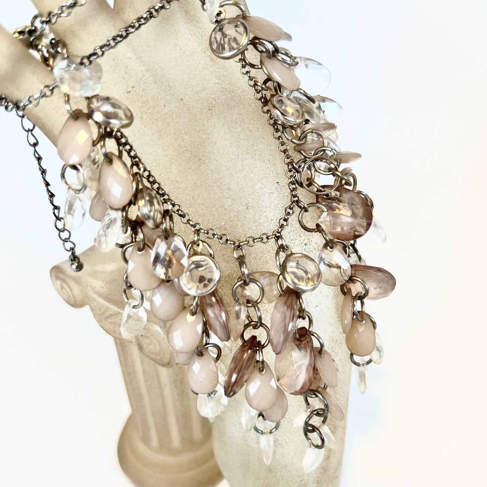 Pretty Lightweight Plastic Faceted Teardrop Bezel Set Crystal Bib Necklace Pink