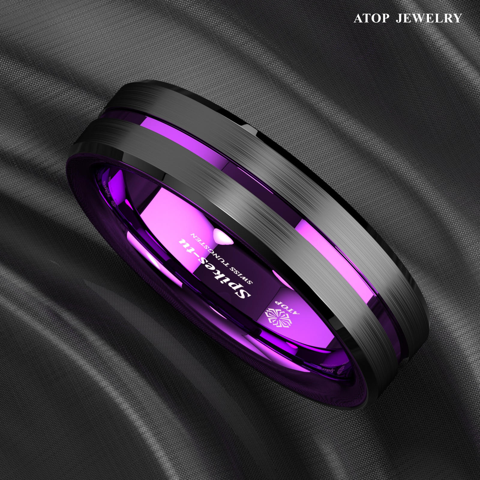 8/6mm Black Tungsten Carbide Thin Purple Line Wedding Band Ring ATOP Men Jewelry