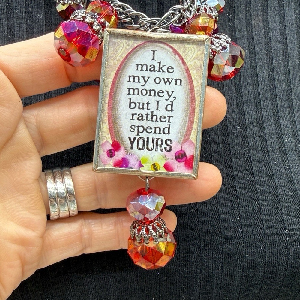 Adorned Crown Jewelry assemblage bauble bead Impulse buyer glass bezel necklace