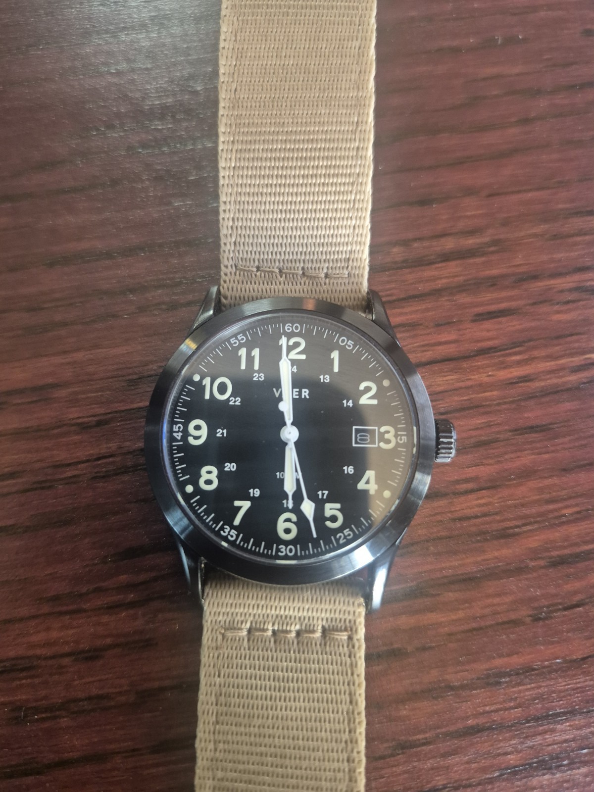 VAER S3 36mm Quartz Field Watch Black Dial Date Sapphire 100m Beige Nylon