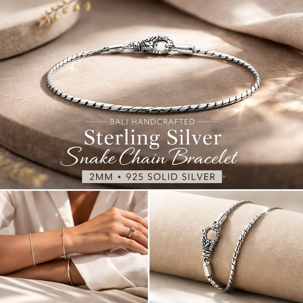 Bali 925 Sterling Silver Snake Chain Bracelet 2mm Unisex 7–9 in