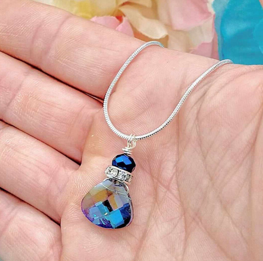 Blue Crystal Teardrop Pendant Silver Snake Chain Necklace 18 Inch, Ladies