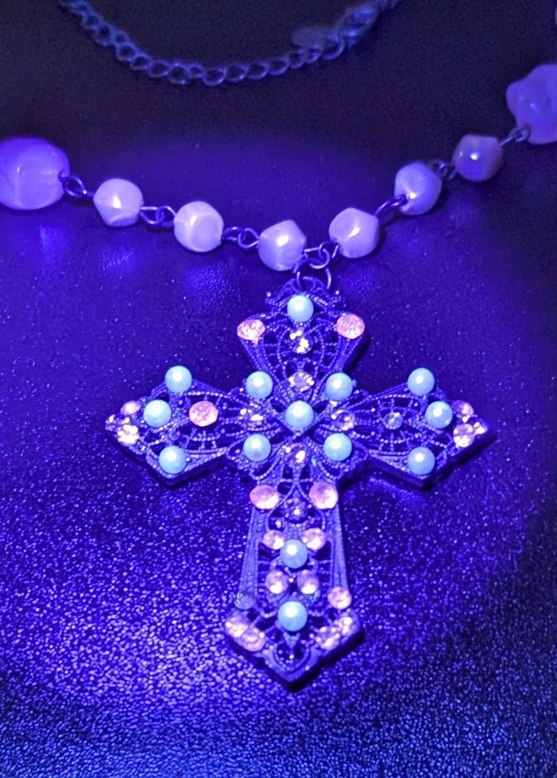 Bijoux Terner Pink Pearl Bead Cross Pendant Necklace Rhinestone Antique Bronze