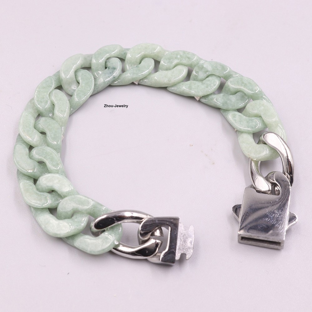 Real Grade A Natural Green Jade Jadeite Bracelet Cuban Curb Link Chain 5.9-9.4in