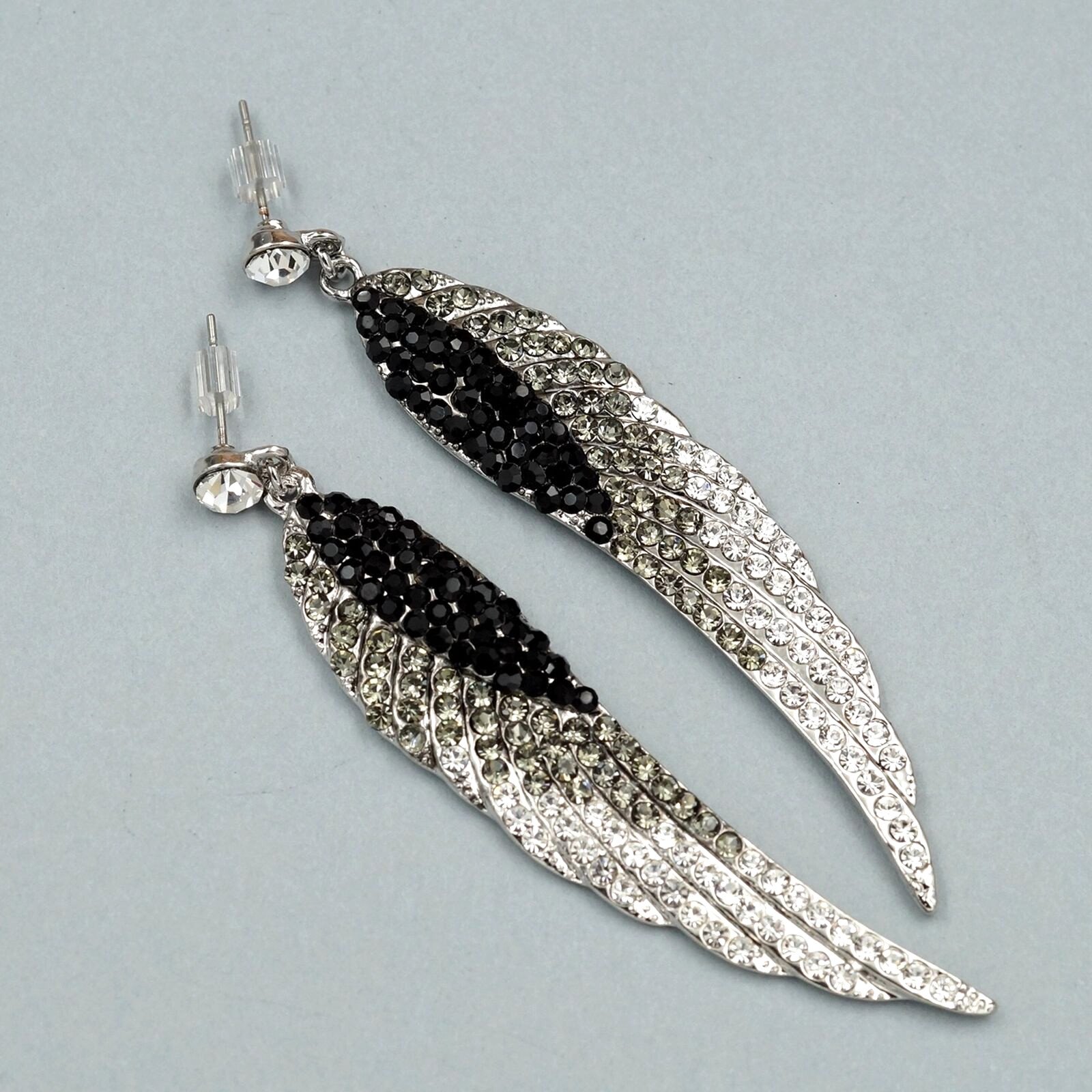 Rhodium Plated Black Crystal Rhinestone Wedding Drop Dangle Earrings Wing 08932