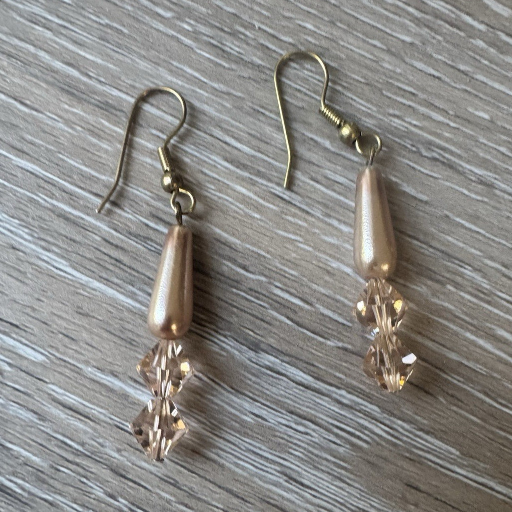 Gold Tone Pearl Teardrop & Champagne Crystal Bicone Dangle Hook Earrings, 2 Inch