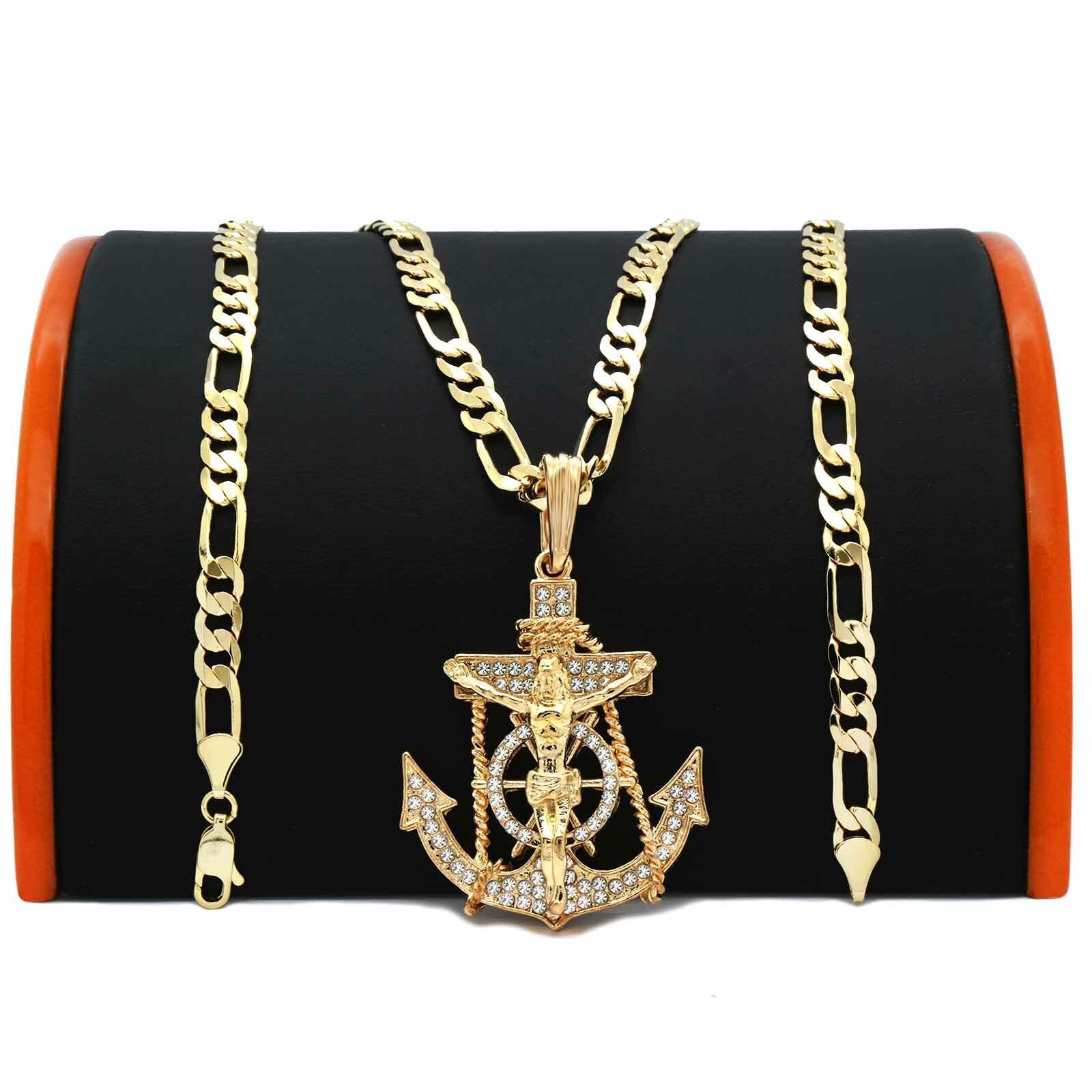 Hip Hop 14K Gold Plated Jesus Anchor Pendant Cubic-Zirconia 30″ Figaro Chain