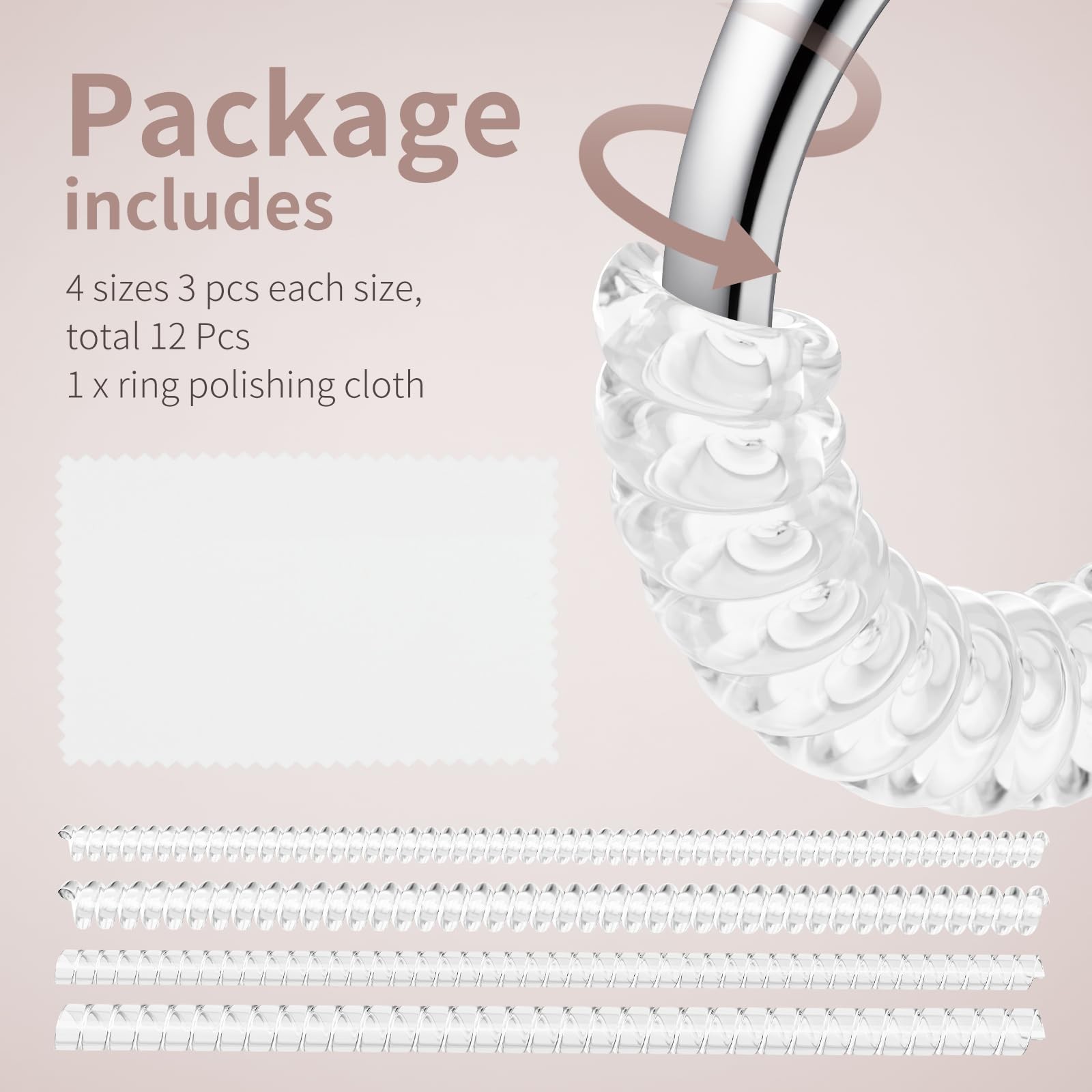 Ring Sizers for Loose Rings – 12 Pack, 4 Sizes Resizer, transparent